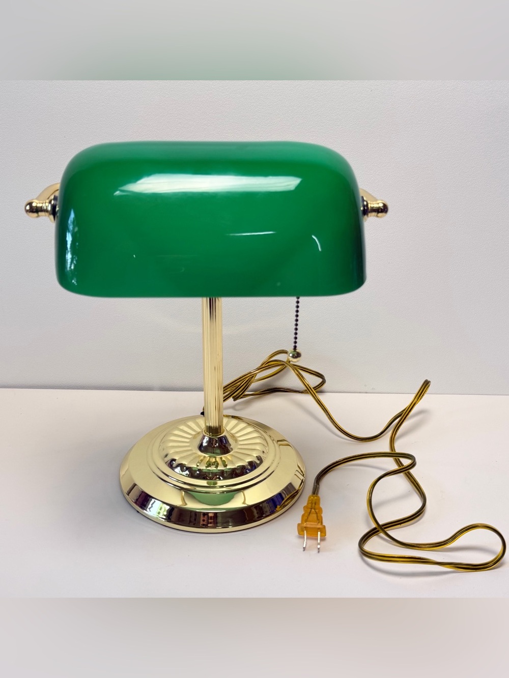 Vintage Green Glass Bankers Lamp Brass Desk Light Dark Academia Library Decor